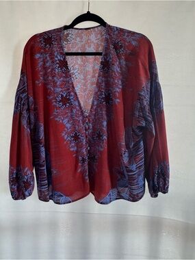 Free People Red Floral V-Neck Blouse with Blue Print